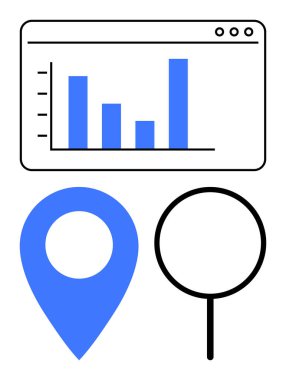 Web tarayıcı penceresinde çubuk çizelgesi, mavi harita iğnesi, siyah büyüteç. Veri analizi, araştırma, navigasyon, haritalama, yer algılama iş analizleri için idealdir. Düz basit