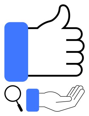 Mavi başparmak onayı, açık avuç desteği temsil eder, büyüteç arama ya da değerlendirme ekler. Geri bildirim, destek, güven, kalite, araştırma değerlendirmesi için ideal. Düz