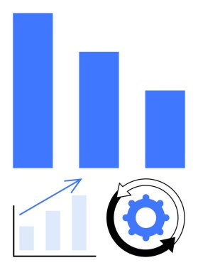 Çizelge veri karşılaştırmasını vurguluyor, büyüme grafiği ilerlemeyi gösteriyor, oklu dişliler optimizasyon döngüsünü sembolize ediyor. Analiz, raporlama, verimlilik ve iş stratejisi için ideal