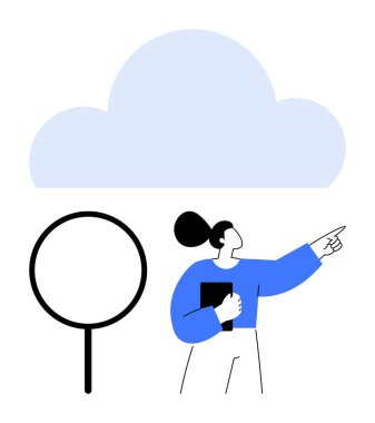 Elinde dosya tutan kadın yanında büyüteç olan büyük bulutu işaret ediyor. Teknoloji, bulut hesaplama, veri analizi, araştırma, yenilik, keşif ve öğrenme için idealdir. Düz basit metafor