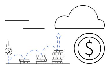 Bozuk paraların boyutu, zıplayan paralar ve buluta doğru yükselen oklarla artar. Finans, tasarruf, yatırım, dijital bankacılık, ekonomik büyüme, bulut temelli ekonomi ve yenilik için ideal. Düz