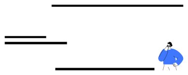 Mavi kazaklı adam soyut yatay siyah çizgilerin yanında düşünüyor. Konseptler için idealdir. Karar verme, problem çözme, analitik, yaratıcılık, planlama, beyin fırtınası, düz basit.