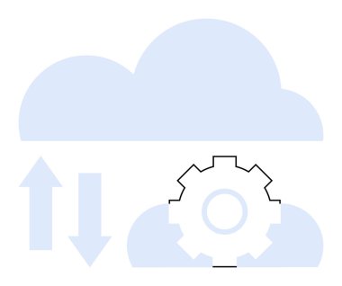 Veri alışverişini, bulut teknolojisini, işbirliği, yazılım geliştirme, otomasyon, bilişim sistemleri ve dijital iş akışını temsil eden bir dişlinin yanındaki yukarı ve aşağı oklarla bulut şekilleri. Düz basit metafor
