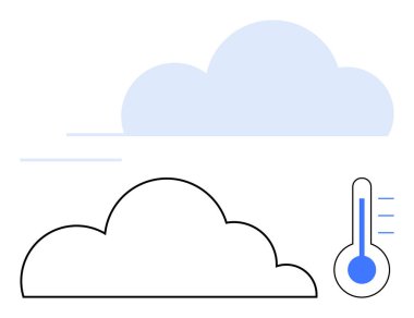 İki bulut, biri ana hatlı ve biri gölgeli, termometre sıcaklığı gösteriyor. Hava durumu, meteoroloji, hava tahmini, iklim değişikliği, çevre, veri takibi için ideal düz bir metafor