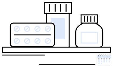 İlaç şişeleri, hap paketleri ve raftaki küçük takvim. Sağlık planlaması, ilaç takibi, eczane, kişisel bakım, zaman yönetimi, tıbbi hatırlatıcılar için ideal düz bir metafor