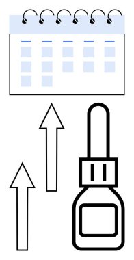 İşaretli tarihler, ilaç şişesi ve iyileşme ve ilerleme gösteren yukarı doğru oklarla dolu bir takvim. Sağlık programları için ideal, tıbbi terapi, yaşam tarzı planlaması, sağlık iyileştirmesi, zaman