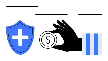 Siyah el, tıbbi haçlı mavi kalkanın yanında dolar işareti olan bozuk para tutuyor. Finans, tasarruf, sağlık hizmetlerine erişim, tıbbi maliyetler, bütçe yönetimi, ekonomi, düz basit metafor