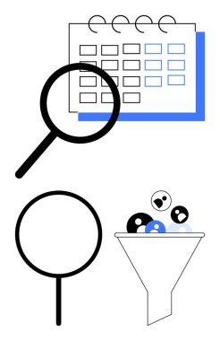 Büyüteç takvime odaklanır, huni çeşitli kullanıcı simgelerini filtreler. Analiz, zaman yönetimi, işe alım, veri filtreleme, programlama, soruşturma organizasyonu için ideal. Düz basit