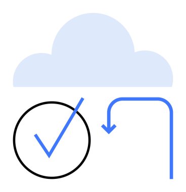 Çemberde işaretli açık mavi bulut ve aşağıya bakan ok bulut depolama, veri transferi ve görev tamamlanmasını temsil ediyor. Teknoloji, bulut hesaplama, veri yönetimi, görev izleme için ideal