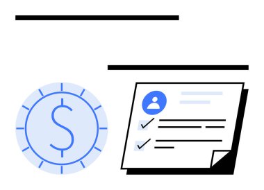 Dolar parası ve kontrol listesi olan kullanıcı profili finansal yönetim, hesap kurulumu ve ilerlemeyi vurguluyor. Kişisel finansman, özgeçmiş, görev takibi, kayıtlar, doğrulama, ilerleme düzlüğü için ideal