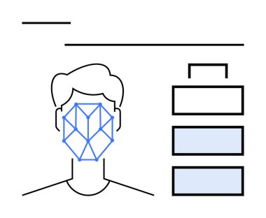 Yüz tanımayı gösteren geometrik çizgilere sahip yüz, veri işlemeyi öneren istiflenmiş üç çubuğun yanında. Teknoloji, güvenlik, kimlik doğrulama, biyometri, yapay zeka ve yenilik için ideal