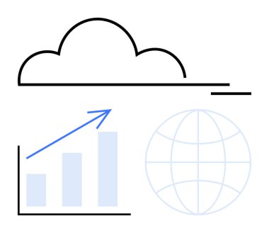 Minimalist tasarım bir bulut, yükselen bir ok ve soluk bir küre ile büyüyen bir bar tablosu gösteriyor. Teknoloji, analitik, küresel iş, büyüme, yenilik, bağlantı ve bulut depolama için ideal