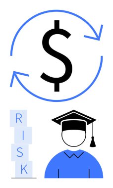 Oklu dolar sembolü, risk blokları, ve eğitim finansmanını temsil eden kep mezunu. Kariyer planlaması, eğitim giderleri, bütçe yönetimi, mali riskler, krediler, ROI soyut çizgisi için ideal
