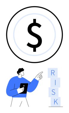 Elinde tablet tutan adam büyük bir dolar sembolü altında istiflenmiş RISK bloklarını gösteriyor. Finans eğitimi, risk yönetimi, yatırım stratejileri, iş analizleri, ekonomik kavramlar için ideal