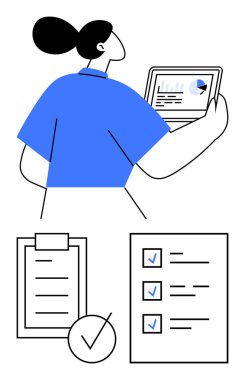 Tablet tutan kadın veri ve pasta grafiği gösteriyor. Pano, kontrol işaretli kontrol listesi ve görevler. Üretkenlik, organizasyon, planlama, takım çalışması, analitik hedef belirleme soyut çizgisi için ideal