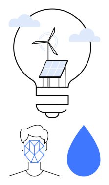 Güneş panelleri ve rüzgar türbinli ampul, yapay zeka hatları, su damlası ve bulutlarla yüz yüze. Yenilenebilir enerji, yapay zeka teknolojisi, çevre dostu yenilik, temiz su, sürdürülebilirlik için ideal