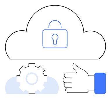 Veri güvenliği için kilit sembolü olan bir bulut, sistem çalışması için teçhizat, güven için onay gösteren bir el. Siber güvenlik, bulut bilgisayarı, gizlilik, bilişim yönetimi, yazılım geliştirme için ideal