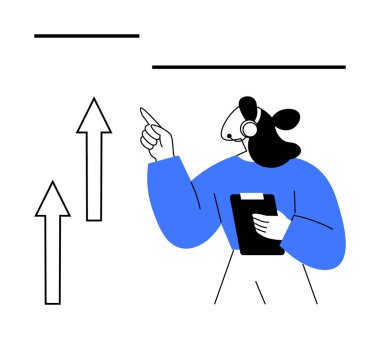 Kulaklığı ve panosu olan profesyonel bir kadın, dikkatleri ilerlemeyi gösteren yukarı doğru oklara çekiyor. Liderlik, takım çalışması, iletişim, büyüme, strateji, koçluk ve yenilik için ideal