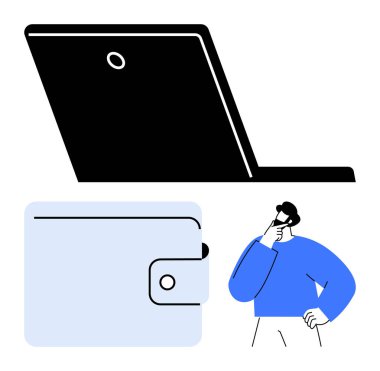 Adam dizüstü bilgisayar ve cüzdanın yanı sıra kişisel finansmanı, dijital ödemeleri ve online karar vermeyi sembolize ediyor. Fintech, bütçe, e-ticaret, problem çözme, yenilik için ideal