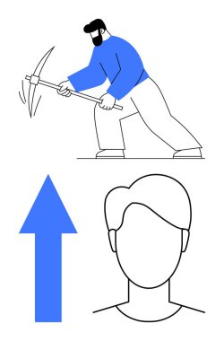 Adam kazma sallıyor, minimalist kafa şekli, mavi yukarı doğru ok gelişimi, çabayı ve kişisel gelişimi simgeliyor. Çalışma, büyüme, liderlik, kariyer motivasyonu için idealdir.