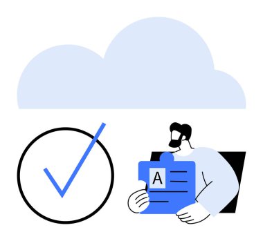 Kontrol işaretinin üzerinde büyük bir bulut simgesi ve elinde belge tutan bir kişi. Veri depolama, onay, doğrulama, bulut teknolojisi, iş akışı yönetimi, organizasyon için ideal, düz basit metafor