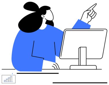 Fikre doğru hareket eden, monitörle masaya oturan, analitik grafik. İş için ideal, takım çalışması, analiz, ofis verimliliği, karar verme sunumu beyin fırtınası. Düz basit