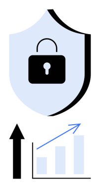 Kalkan, güvenlik ve büyümeyi temsil eden bir kilit, çizelge ve yukarı doğru ok içeriyor. Siber güvenlik, iş başarısı, veri koruması, yenilik, finans, risk yönetimi, daire