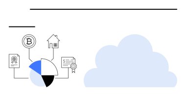 Bir dijital bulutun yanında blok zinciri, emlak, sözleşme ve sertifika simgelerine bağlı turta şeması. Finans, yatırım, bulut hesaplama, kripto para birimi, veri analizi engelleme zinciri için ideal