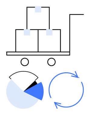 Yığılmış kutular, segmentli dairesel pasta grafiği ve mavi dairesel oklar. Teslimat, envanter, tedarik zinciri, lojistik, veri analizi geri dönüşüm süreci yönetimi için ideal. Düz basit