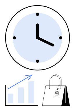 Saat yüzü, yukarı doğru ok işaretli bar tablosu ve fiyat etiketli alışveriş çantası zaman optimizasyonunu, verimliliği, perakende satış stratejisini, büyüme eğilimlerini gösteriyor. İş, ticaret ve zaman planlama için ideal.