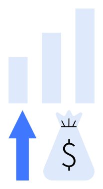 Artan sütunları olan bar tablosu, yükselen ok ve finansal büyüme ve başarıyı gösteren para çantası. İş, finans, yatırım, kâr, tasarruf stratejisi ve ekonomi için idealdir. Düz basit