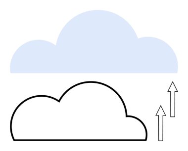 Mavi bulutlu soyut bulut, ana hatlı bulut ve yukarı doğru oklar veri transferini, ağ oluşturmayı ve yüklemeyi sembolize ediyor. Teknoloji, depolama, bağlantı, yenilik gelişimi, bulut hesaplaması için ideal