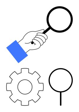 El ele tutuşan büyüteç, vites sembolize eden vites, dik duran büyüteç. Araştırma, problem çözme, analiz, keşif, yenilikçi keşif optimizasyonu için idealdir. Düz basit
