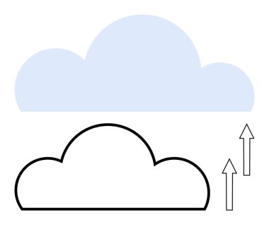 Soyut bulut şekli, altta çizilmiş versiyonu ve yanında iki yukarı doğru oku var. Bulut bilgisayarı, veri transferi, ağ, depolama, internet, teknoloji, iletişim dairesi için ideal
