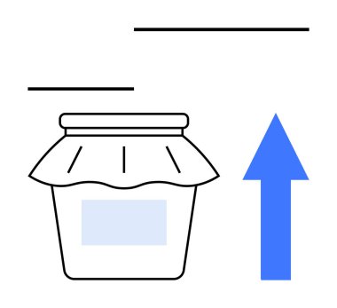 Basit kapaklı kavanoz ve yukarı doğru mavi ok büyümeyi, ilerlemeyi ya da başarıyı temsil ediyor. Gıda endüstrisi, perakende, satış, piyasa büyümesi, yenilikçi verimlilik iş geliştirme için idealdir. Düz basit