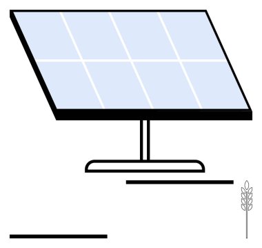 Güneş paneli, yenilenebilir enerjiyi sembolize ederek güneş ışığını yakalamaya çalışıyor. Buğday sapı tarımsal etkiyi ön plana çıkarır. Sürdürülebilirlik, temiz enerji, eko-tarım, yeşil teknoloji, iklim için ideal
