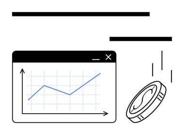 Yukarı grafikli ve aşağı düşen madeni para gösteren tarayıcı penceresi finans, analitik, iş başarısı. Yatırım, planlama, strateji, ekonomi, büyüme için idealdir.