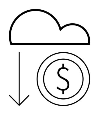 Aşağı doğru ok ve dolar para bulutu finansal transferi, teknoloji yönetimini ya da dijital ekonomiyi sembolize ediyor. Finans, SaaS, tasarruf, hareketlilik, veri yedekleme, bilişim çözümleri için ideal basit