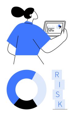 Dizüstü bilgisayardaki analizleri, dairesel veri tablosunu inceleyen ve RISK yazımını engelleyen bir kadın. İş analizi, finans, risk değerlendirmesi, veri görselleştirme, sunumlar, strateji için ideal