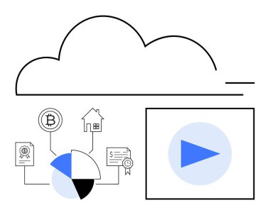 Finansal simgelerin üzerindeki bulut iskeleti, tart grafiği ve oynatma düğmesine bağlı bitcoin, mülk ve sertifikaları onaylıyor. Teknoloji, finans, mülk, medya, bulut depolama, veri için ideal