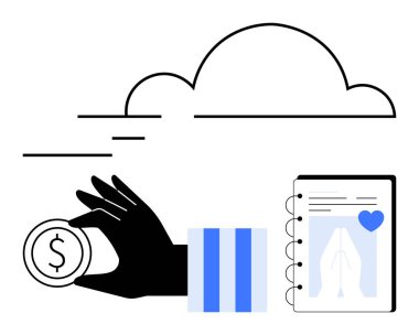 El ele tutuşmak dijital ödemeleri sembolize eder. Kalp ikonuna sahip bulut ve çevrimiçi planlamacı veri depolama, finans ve planlama konularını vurguladı. Fintech, içerik planlaması, bulut depolama için ideal