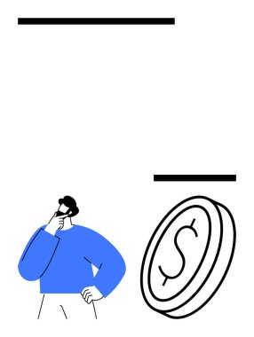 Üzerinde dolar işareti olan büyük bozuk para, finans, karar verme ve ekonomik planlamayı tasvir eden düşünceli bir kişi. Bütçe, yatırım, gelir ve tasarruf analizi için ideal. Asgari