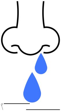 Burun çizimi, iki mavi damlacık ile akan bir burnu temsil ediyor. Sağlık, nezle, grip, alerji, tıbbi konseptler, hijyen ve farkındalık kampanyaları için idealdir. Düz basit metafor