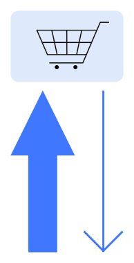 Alışveriş arabası yukarı ve aşağı giden oklar tüketici davranışını, büyümesini ve düşüşünü simgeliyor. E-ticaret trendleri, strateji, pazarlama, talep, rekabet satış seçenekleri için ideal. Düz