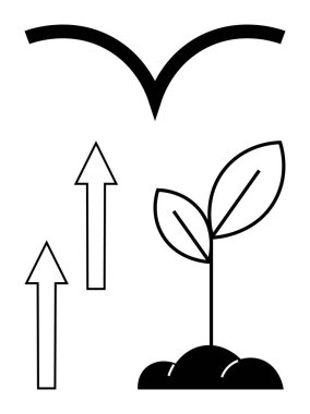 Genç bitkiler topraktan filizleniyor, iki yukarı ok ilerlemeyi gösteriyor, kemer de korunmayı öneriyor. Büyüme, sürdürülebilirlik, ekoloji, yenilik, gelişme desteği için ideal. Temiz