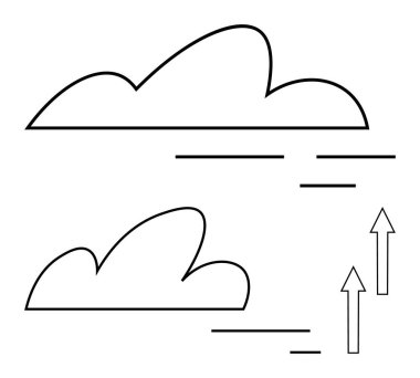 Yatay hareket çizgileri ve yukarı doğru iki ok olan iki ana hatlı bulut. İlerlemeyi, büyümeyi, hareketi, yeniliği, hava durumlarını, sürdürülebilirliği ve düz bir basit kavramdaki soyut kavramları temsil etmek