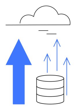Veri tabanından yukarıya doğru giden ok, veri transferini temsil eden daha küçük oklarla bulutlara yöneliyor. Bulut hesaplama, veri göçü, ağ oluşturma, bağlantı, yenilik, dijital dönüşüm için ideal