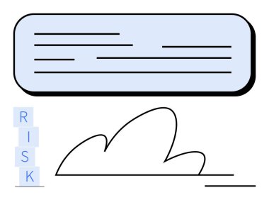 Soyut çizgilerin ve bulut formunun yanında yığın halinde RISK yazılıyor. İş stratejisi, karar verme, analiz, sorun çözme, risk yönetimi, finans, soyut düz metafor için ideal