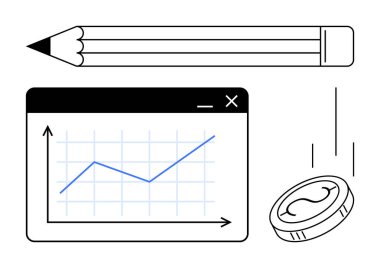 Tarayıcı penceresinde yukarı doğru eğilimli grafikler, yaratıcılık kalemi, finans için düşen madeni para. Ticari büyüme, finans, yaratıcılık, eğitim, analitik, yenilik için ideal düz metafor