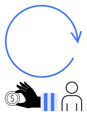 Mavi dairesel ok, bir dolar sikke, bir çubuk grafik ve bir insan ikonu tutan siyah bir el ile bir süreç döngüsünü sembolize ediyor. İş, finans, büyüme, strateji, pazarlama, ekonomi takım çalışması için ideal